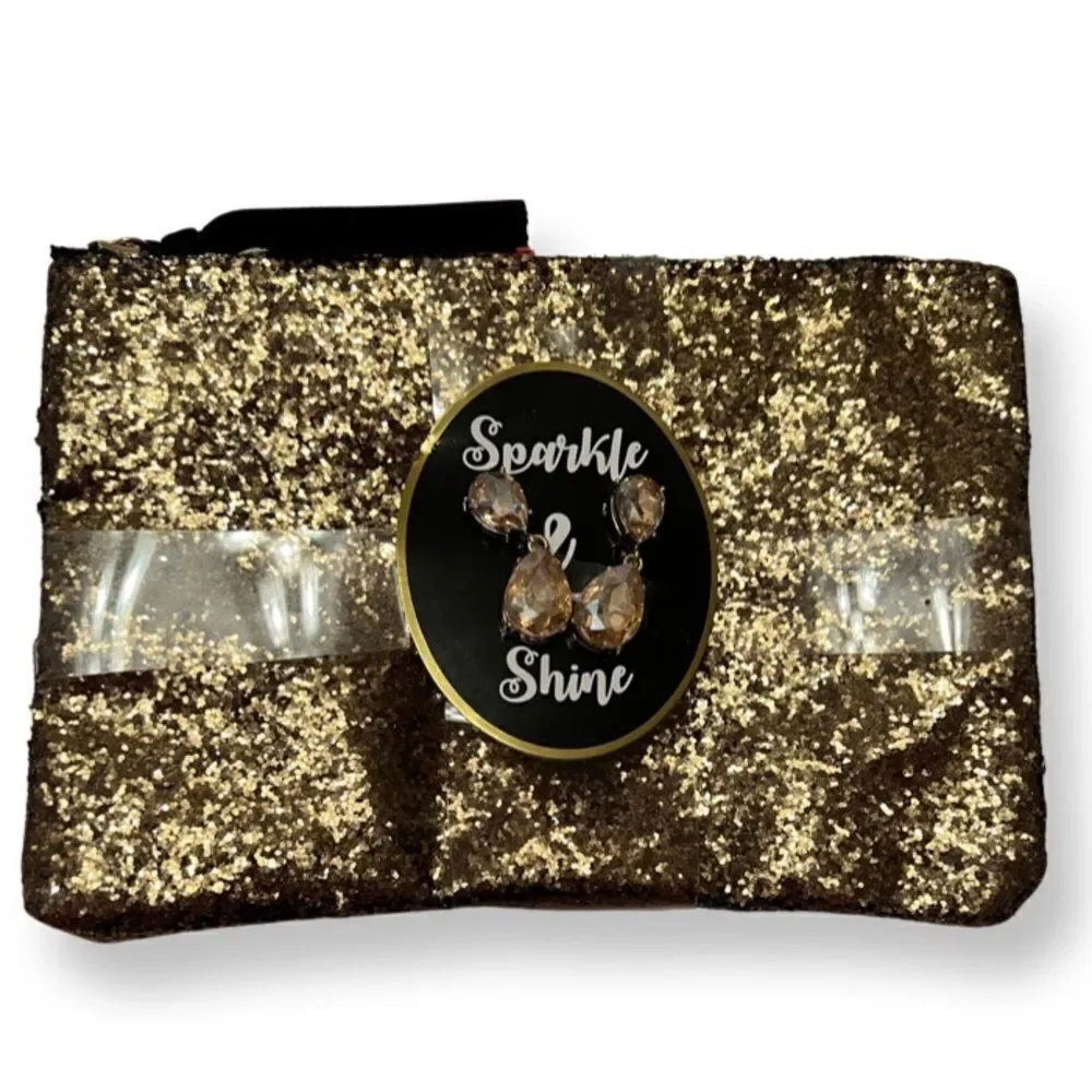Bronze Glittery Cosmetic Bag And Earring Set